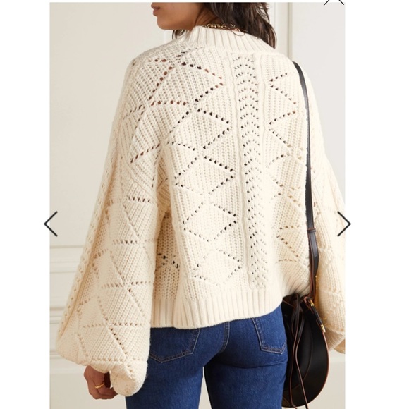 KING & TUCKFIELD Pointelle Knit Merino Wool Cardigan In Cream - Picture 9 of 9